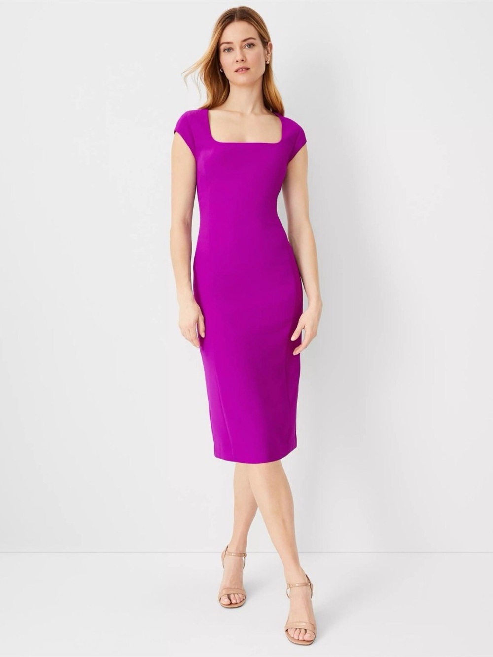 Ann Taylor Vibrant Magenta Square-Neck Cap Sleeve Sheath Dress Sz. 14 NWT